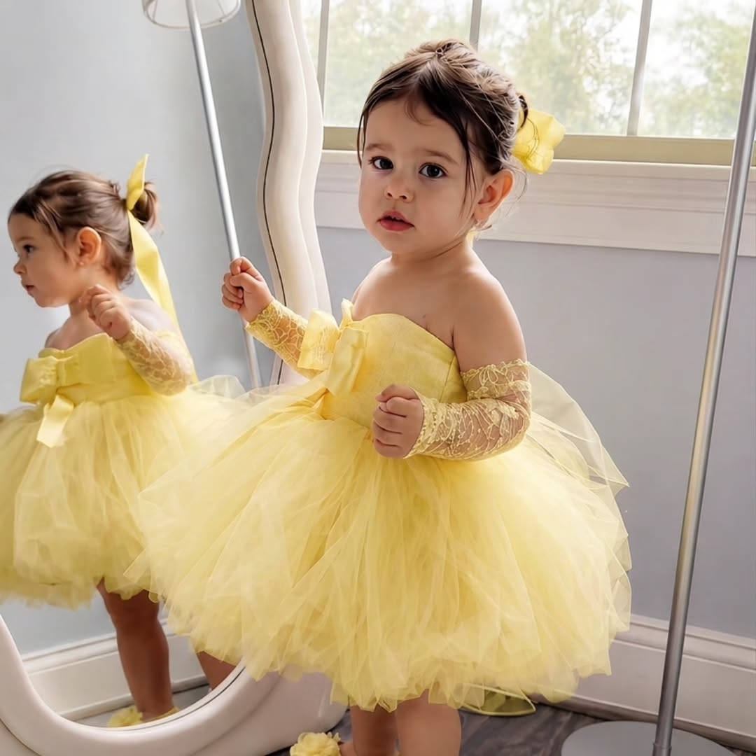 Embroidery Yellow Dress - Vestido de princesa amarillo para niña,