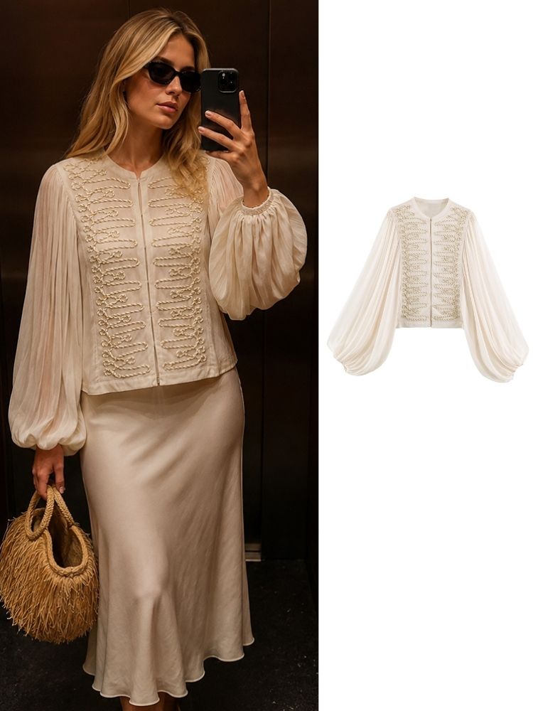 Embroidery Cardigan - Cárdigan de chifón corto para mujer,