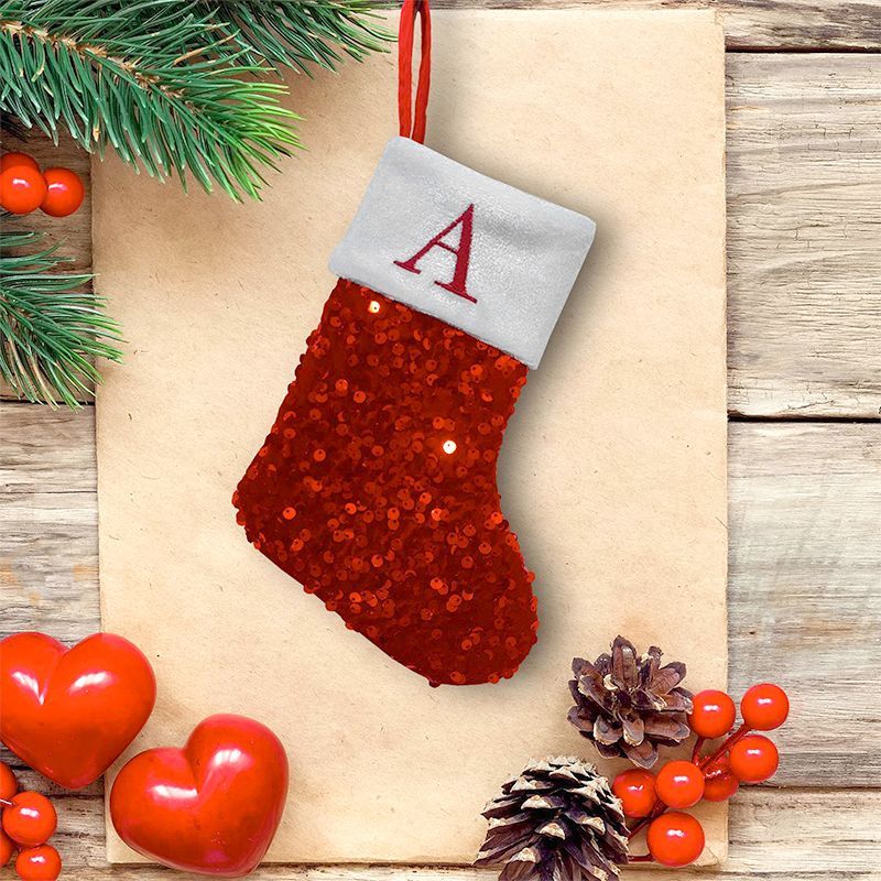 Embroidery Xmas Stocking - Calcetín navideño rojo de lentejuelas con