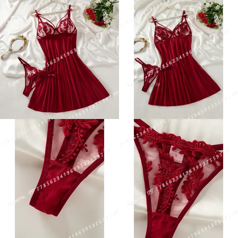 Embroidery Style - Camisón semitransparente para mujer, color rojo