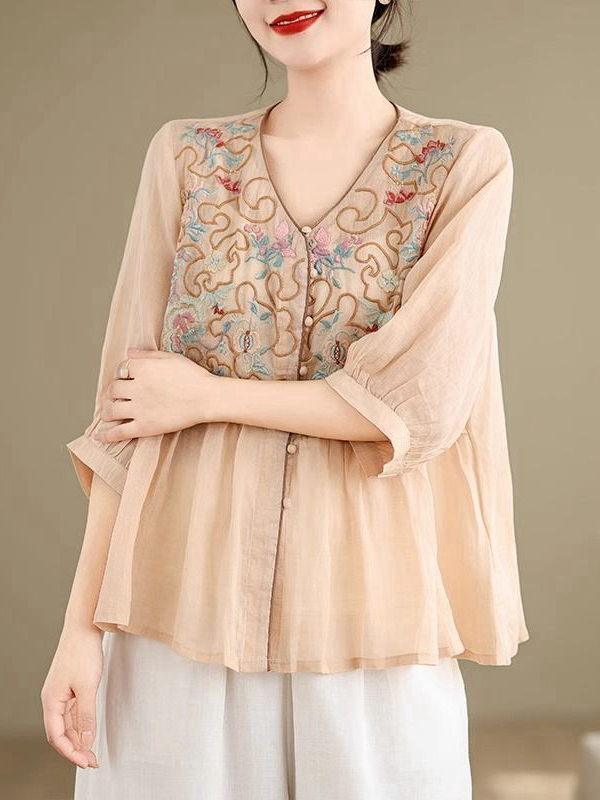 Embroidery Cardigan - Camisa de estilo cardigan con cuello