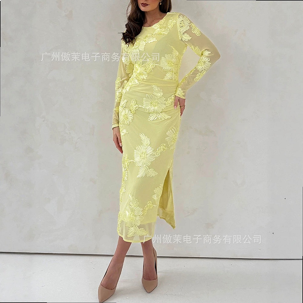 Vestido ajustado de malla con  - Embroidery Yellow Dress reseña y precio
