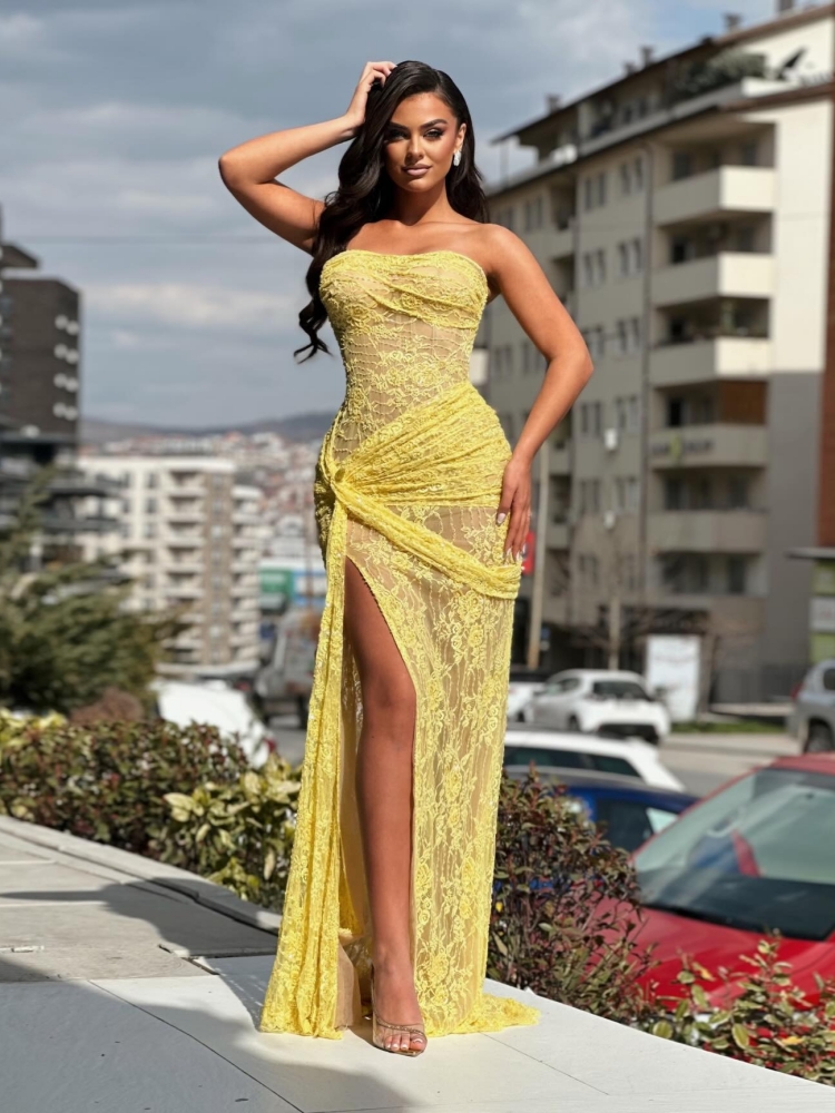 Vestidos de Noche Formales de  - Embroidery Yellow Dress reseña y precio